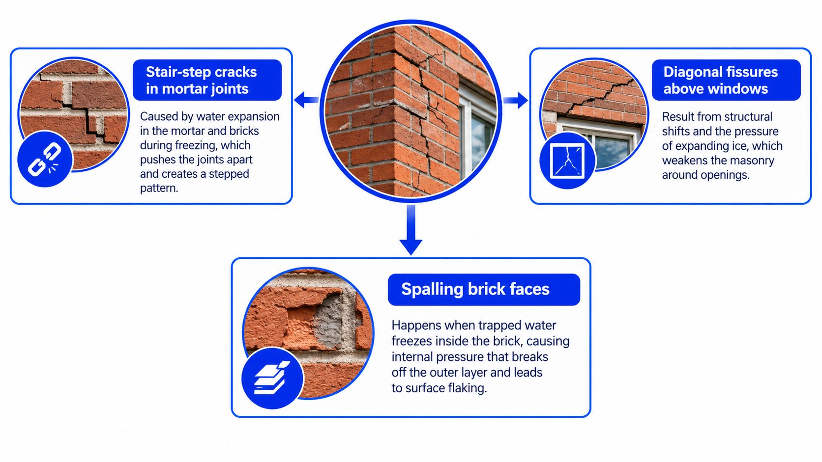A diagram illustrating three common types of masonry damage caused by freezing water: stair-step cracks, diagonal fissures, and spalling.