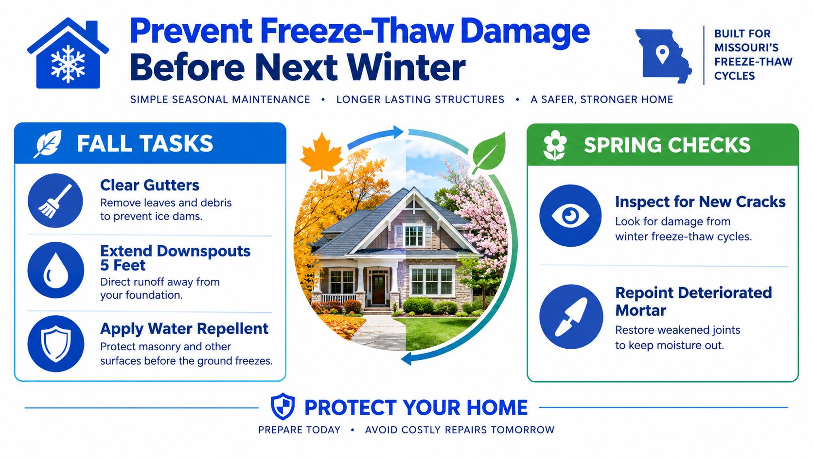 An infographic detailing seasonal home maintenance tips to prevent freeze-thaw damage during winter in Missouri.
