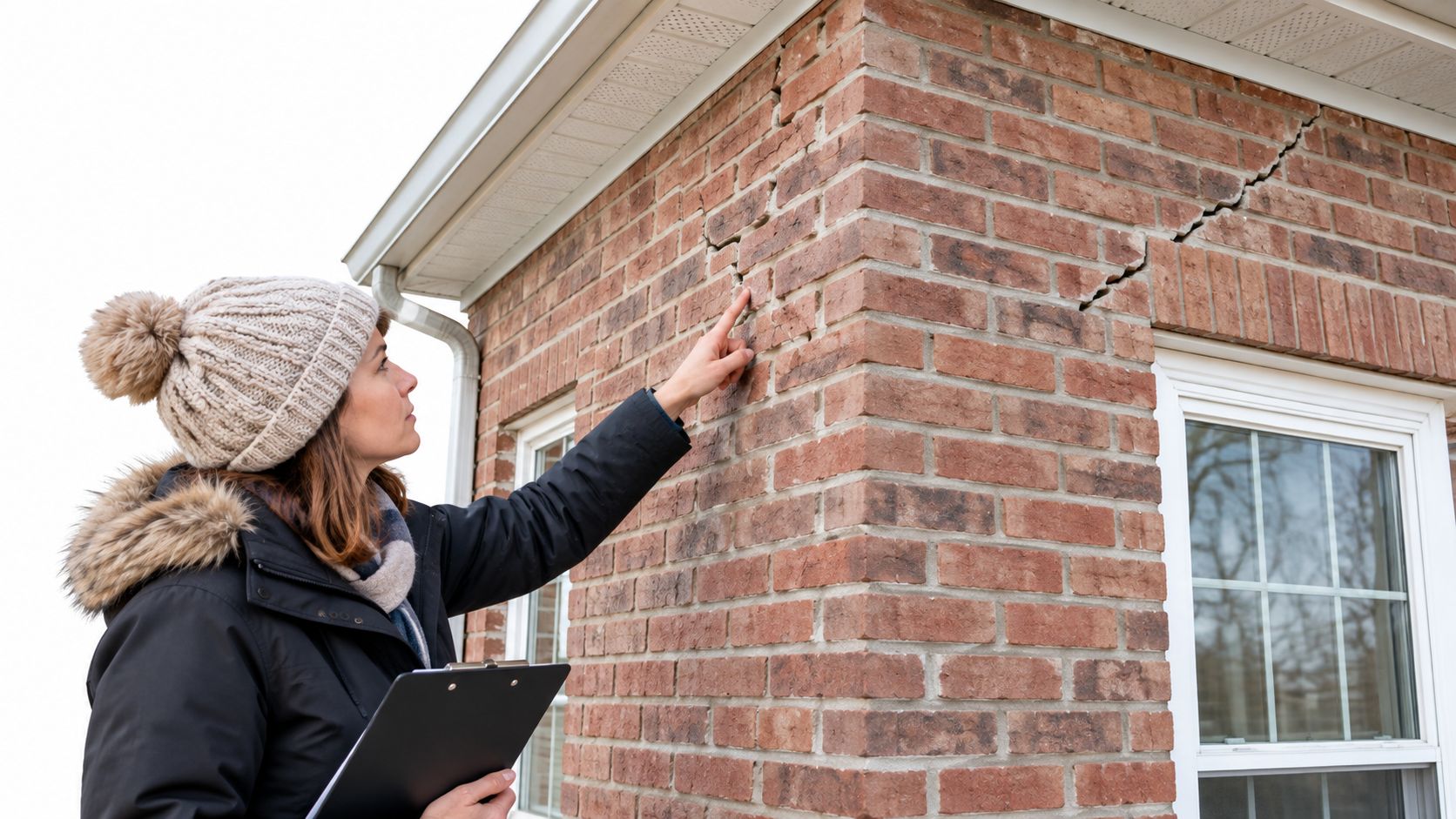 A professional building inspector examining a large structural brick crack on a residential wall after winter.