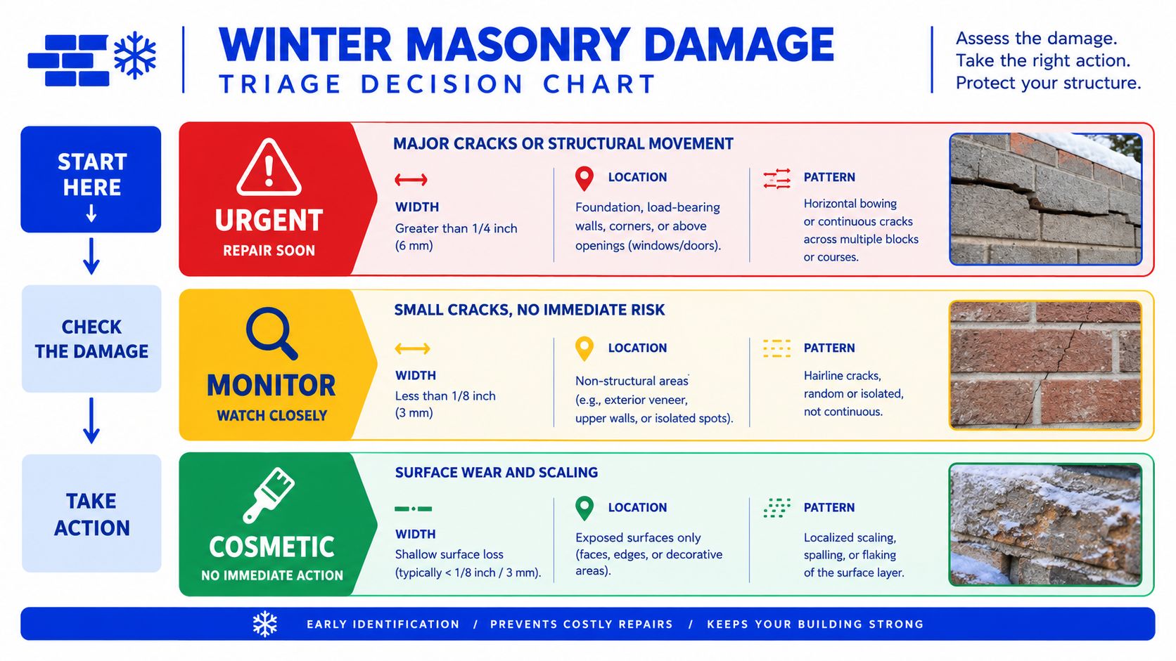 A decision chart for identifying and categorizing masonry damage from freezing weather, ranging from urgent to cosmetic.