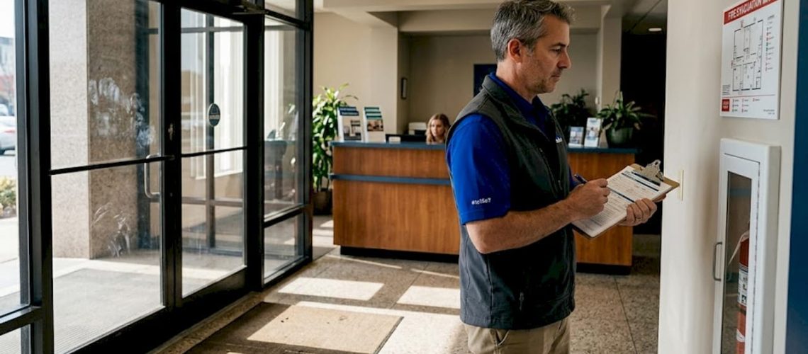 Inspector reviewing lobby map in commercial building