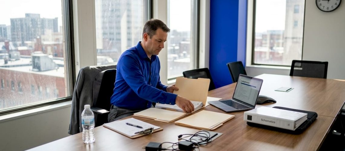 Manager preparing inspection documents in bright conference room