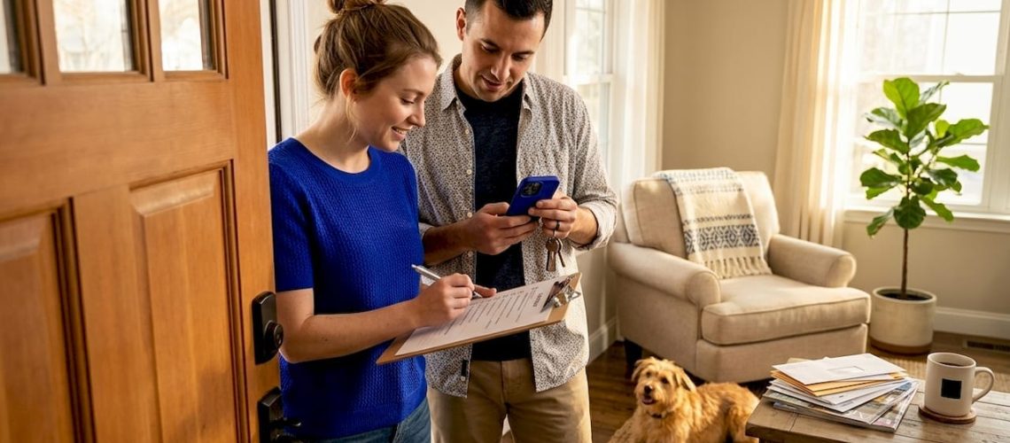 Buyers preparing home for inspection in living room