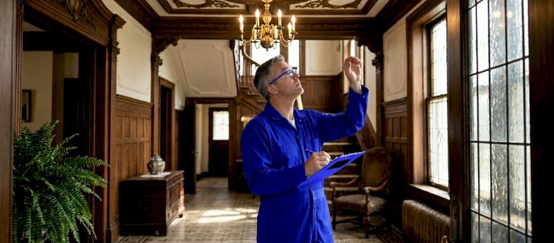 Home inspector reviews historic estate living room