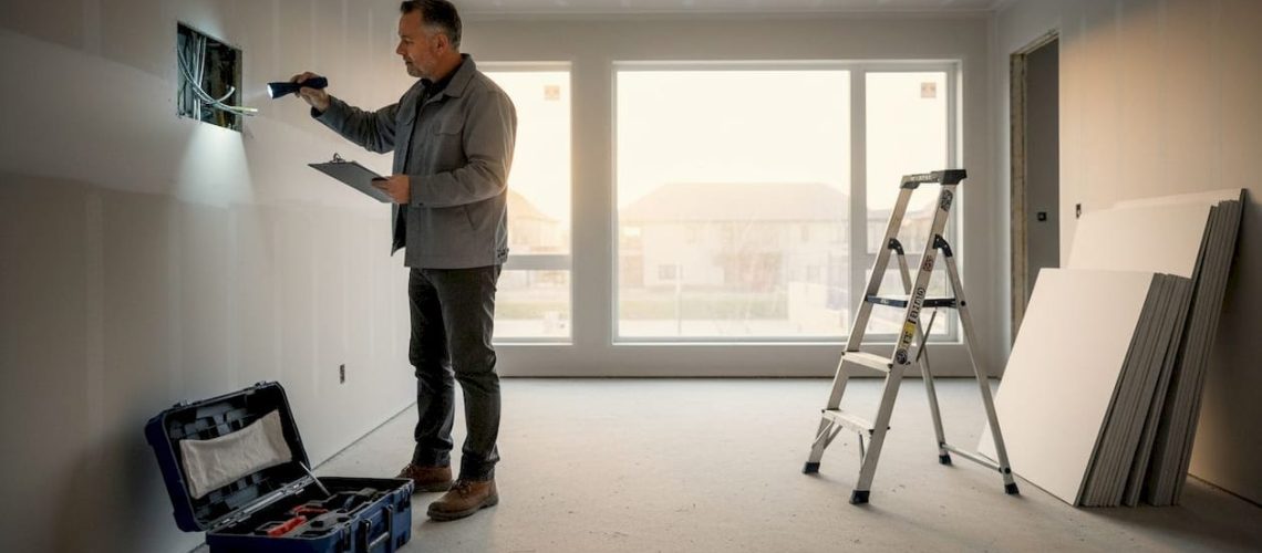 Inspector walking through unfinished new home