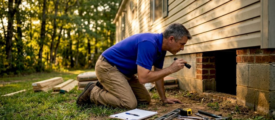 Engineer inspecting manufactured home foundation
