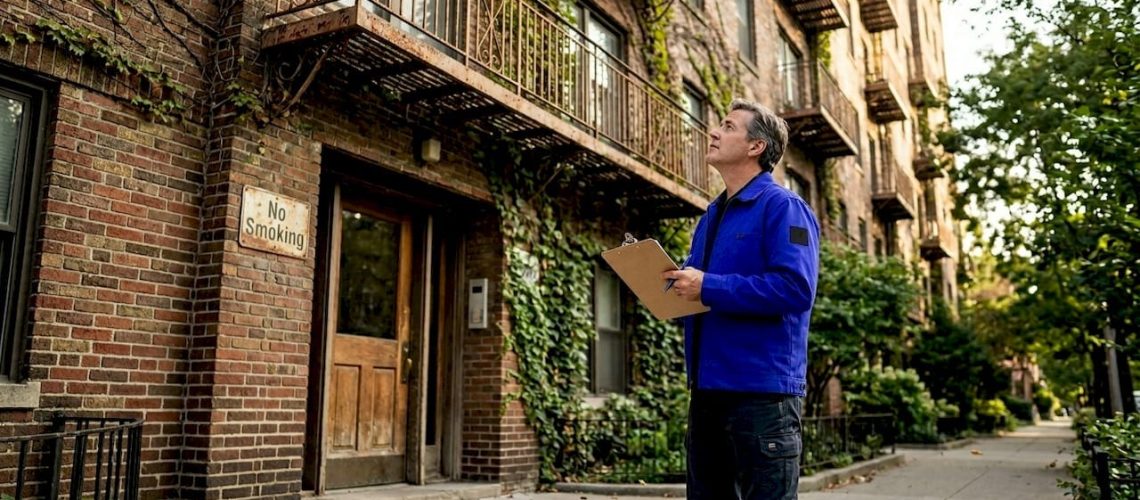 Inspector walking outside apartment building