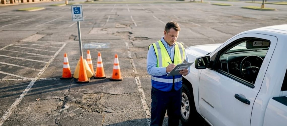Property manager inspecting parking lot surface