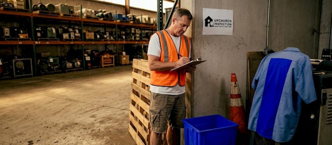 Warehouse inspector reviewing pallet rack condition