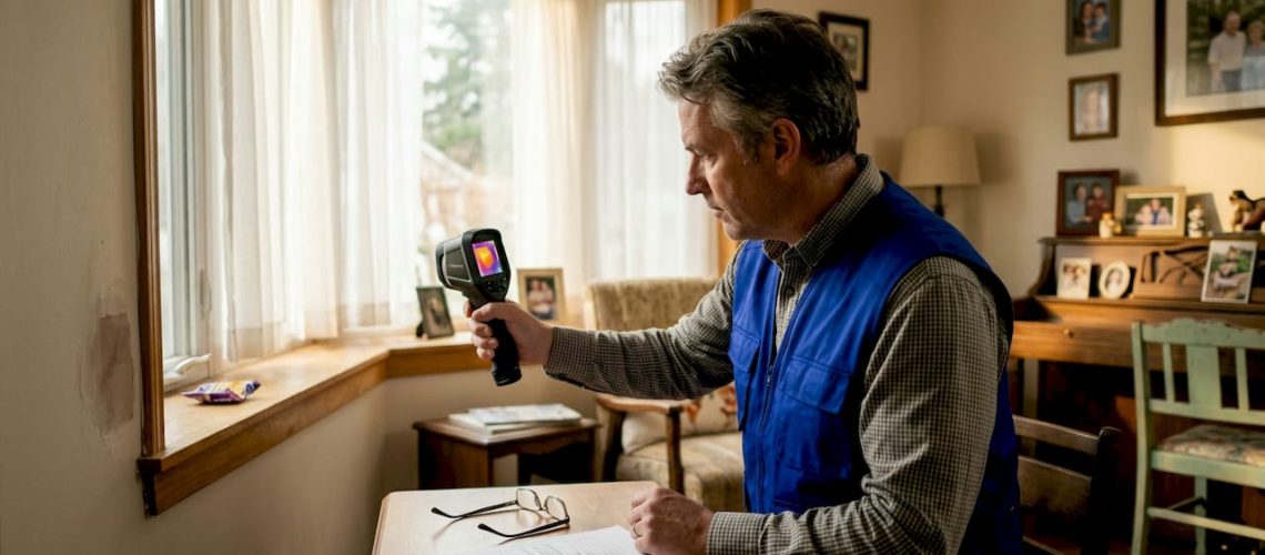 Inspector using thermal camera on living room wall