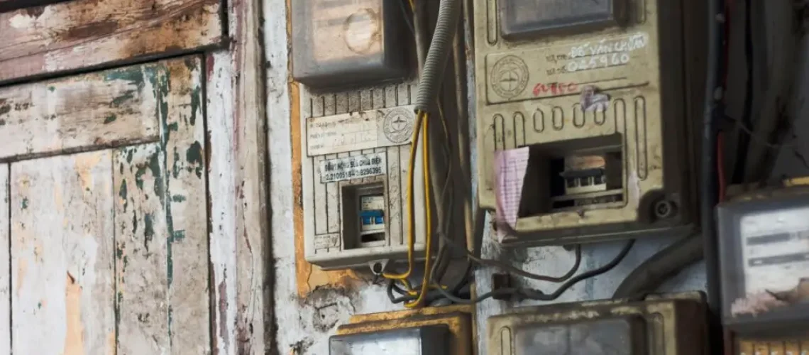a group of electrical meters on a wall